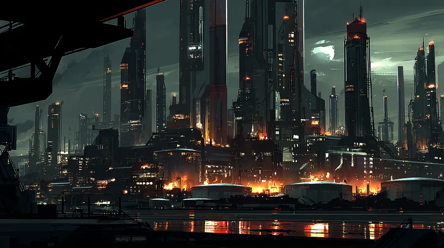 A Consortium corporate megacity at night, refineries and spires burning
